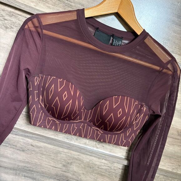 Adidas Ivy Park Monogram Brown Athletic Crop Top Mesh Long Sleeves Women's S - Picture 6 of 13